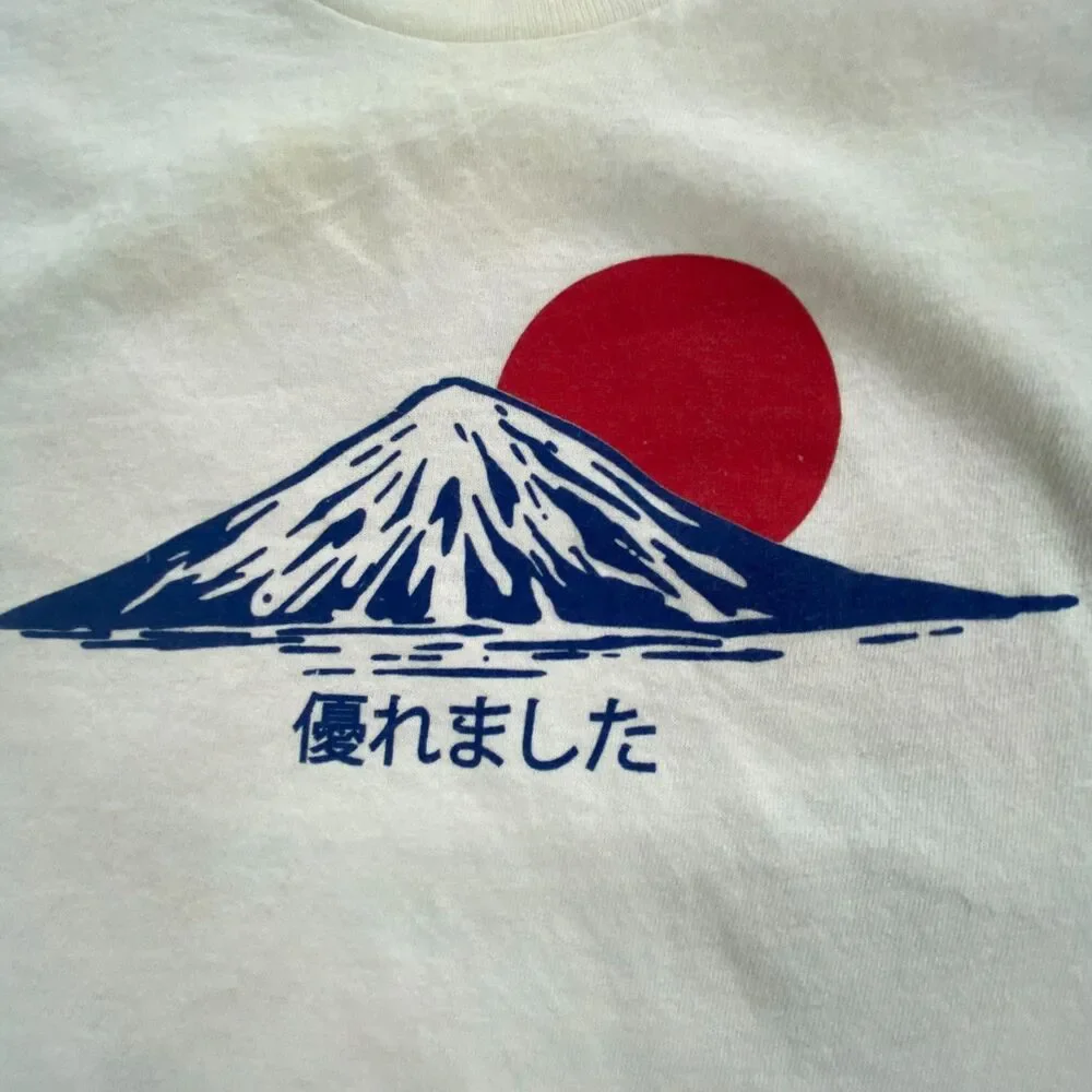 Call Your Mother Mens Graphic T Shirt Medium White Mt Fuji Pagoda Japanese Sun